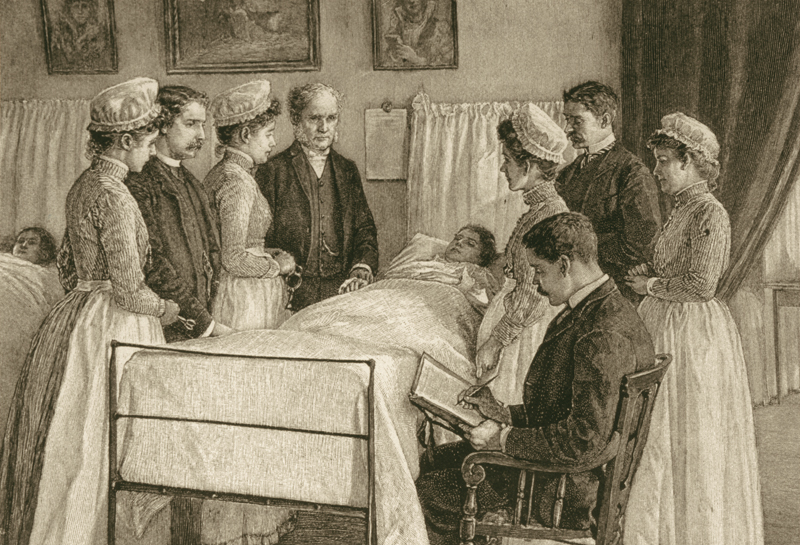 An illustration from "Darkness & Daylight" of Stephen Smith, (1823-1922) Professor of Principles and Practice of Surgery, leading rounds at old Bellevue Hospital.